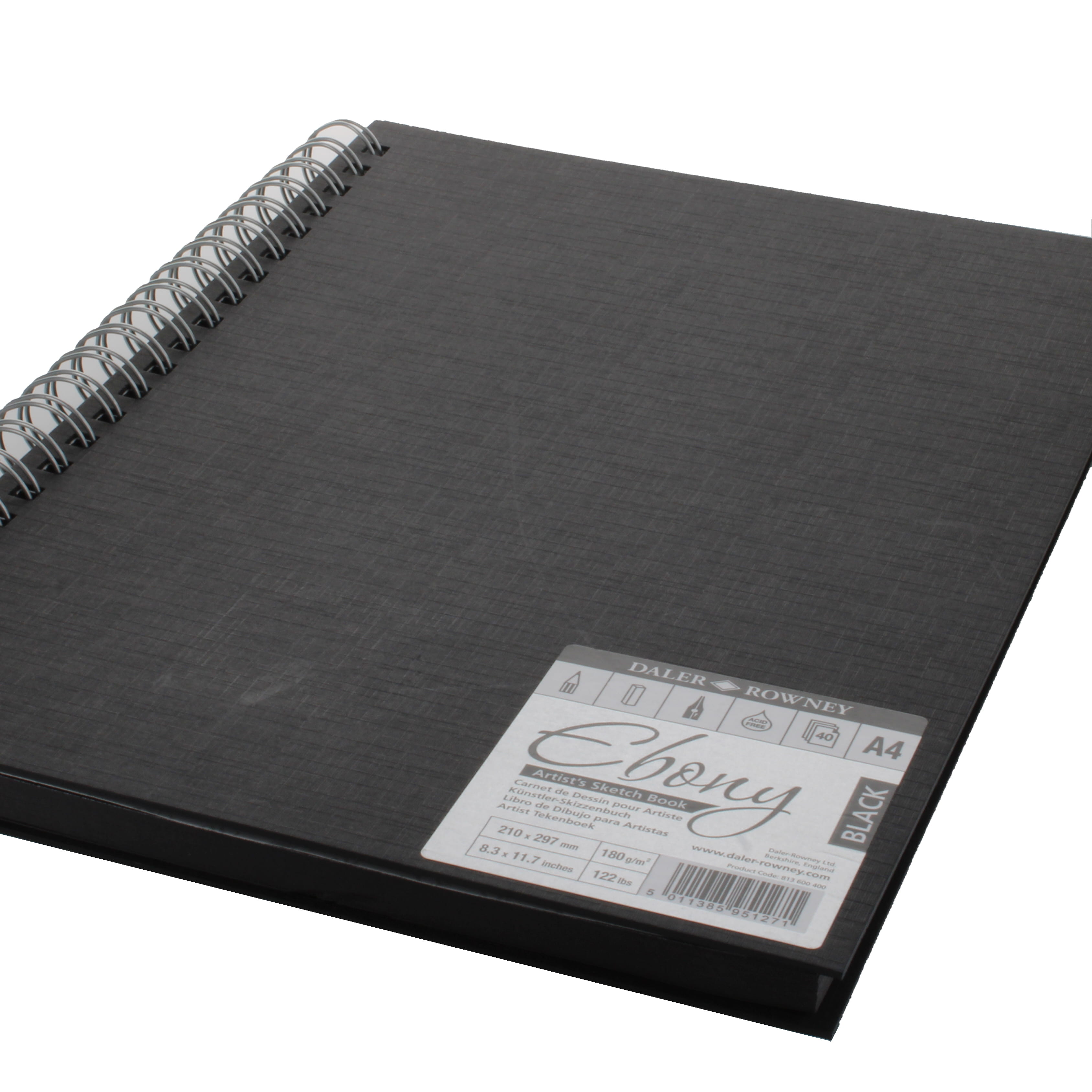 Daler-Rowney A4 Spiral Hardback Black Paper Sketching Pad 180gsm - STK66BK